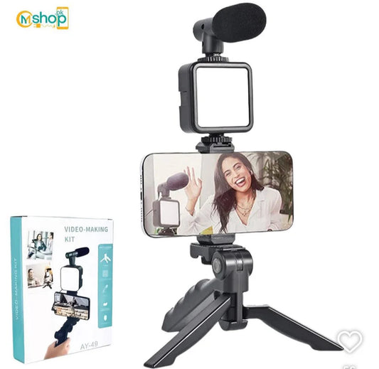 Mobile Vlogging Kit Video Making kit, with tripod stand, Microphone, Led Light, Mobile Holder ALL IN ONE VLOGGING Kit Tripod Shoot Video Making Vlogging Kit Tripod with Remote
